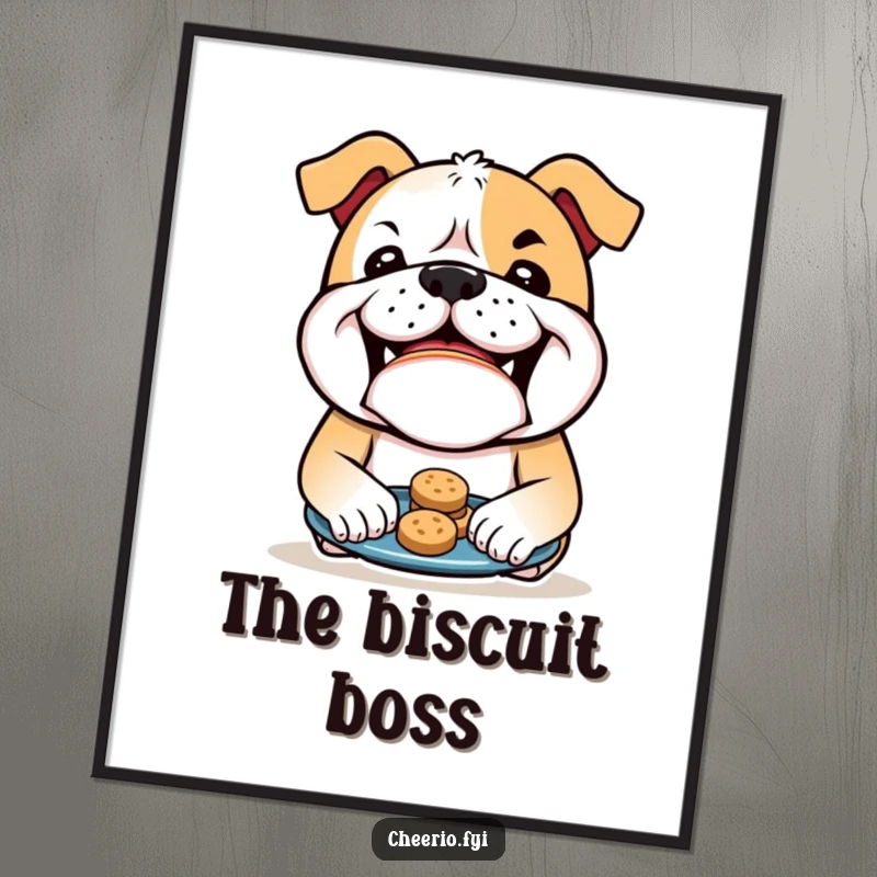 Funny Bulldog Digital Art Print: A bulldog with a mischievous grin offers biscuits, capturing playful canine energy. An excellent funny gift.