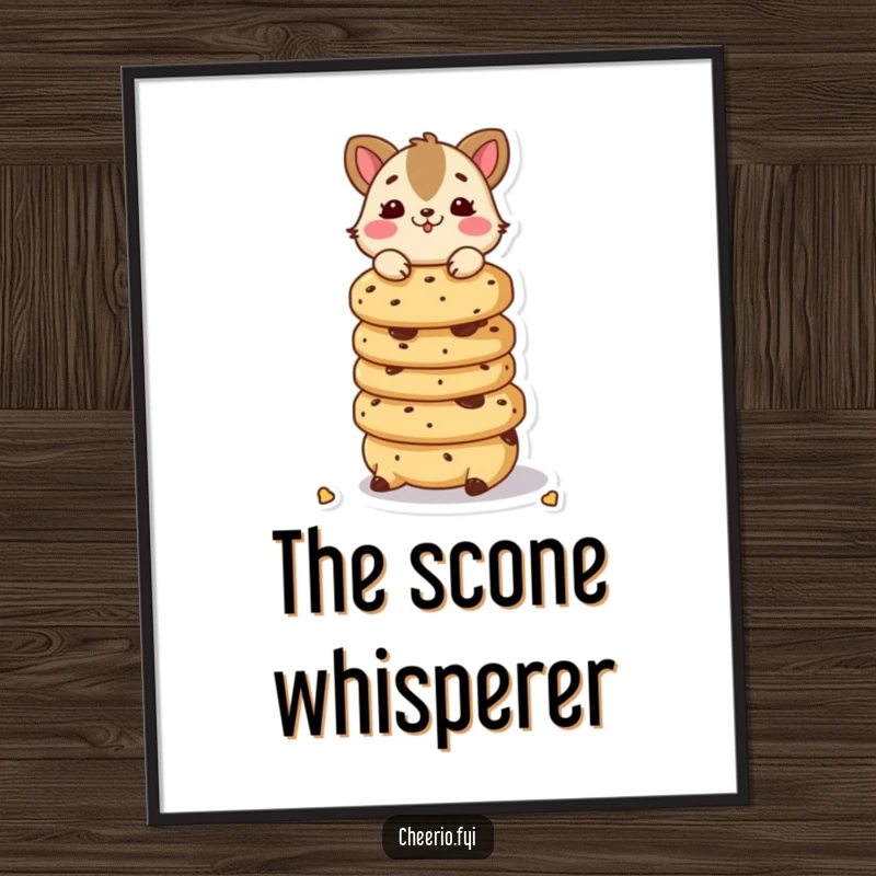 Funny digital art print of a playful animal character balancing a stack of scones, full of fun.