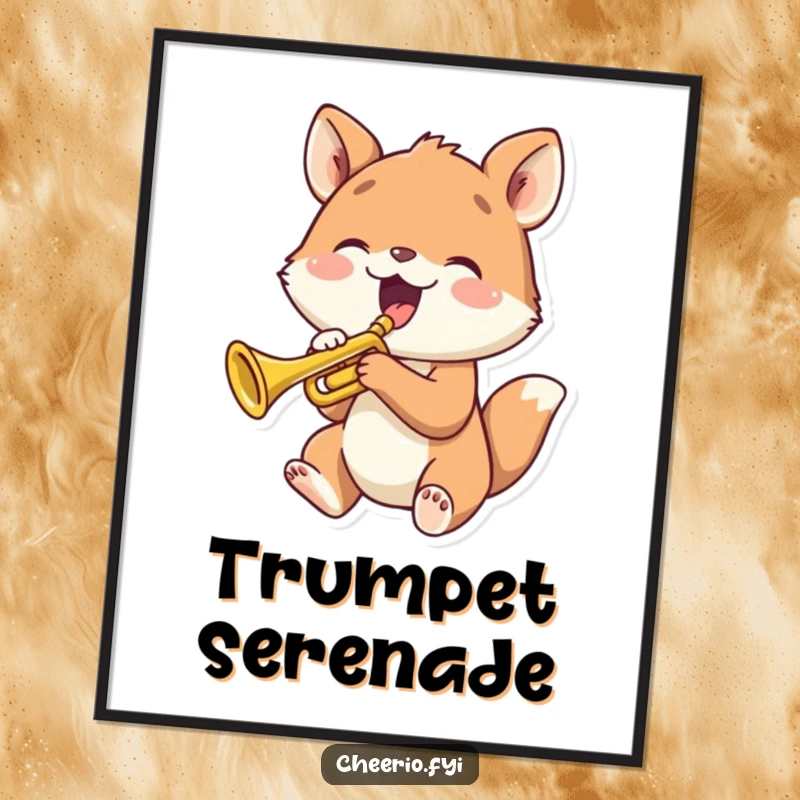 Funny animal joyfully playing a tiny trumpet, a digital art print for humorous musical decor.