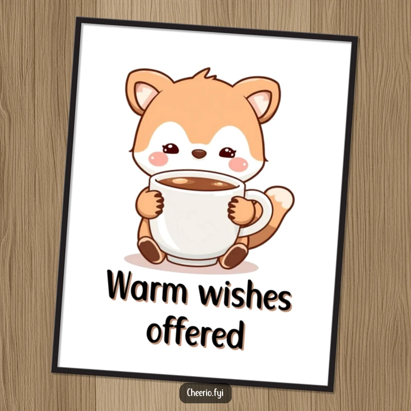 Funny Digital Art Print of an animal character offering a warm cup of cocoa, perfect for cozy wall decor.