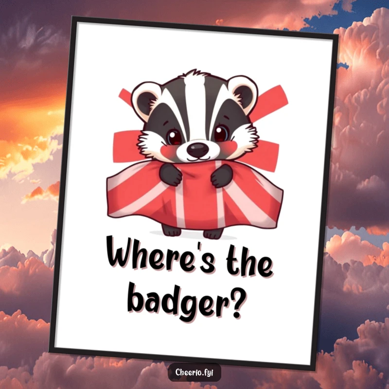 Funny digital art print of a curious badger peeking from behind a large Union Jack flag, symbolizing British patriotism.