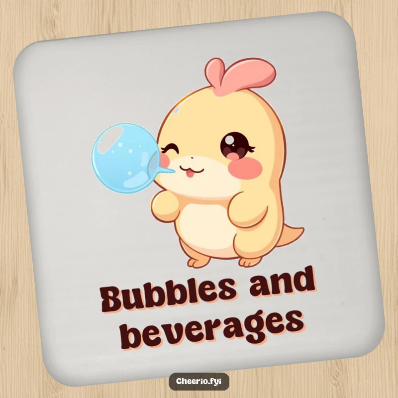 Funny Coaster with a creature with a twinkle in its eye, cheerfully blowing a large bubble, protecting surfaces with fun.