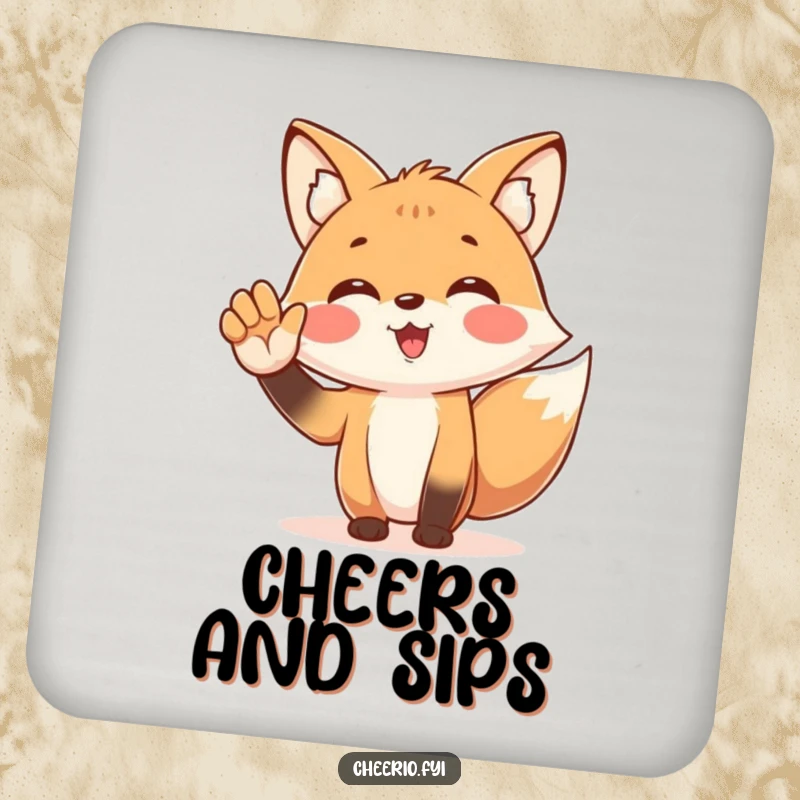 Funny drink coaster featuring a spirited fox character enthusiastically cheering with a cupped hand, designed to protect surfaces with energy.