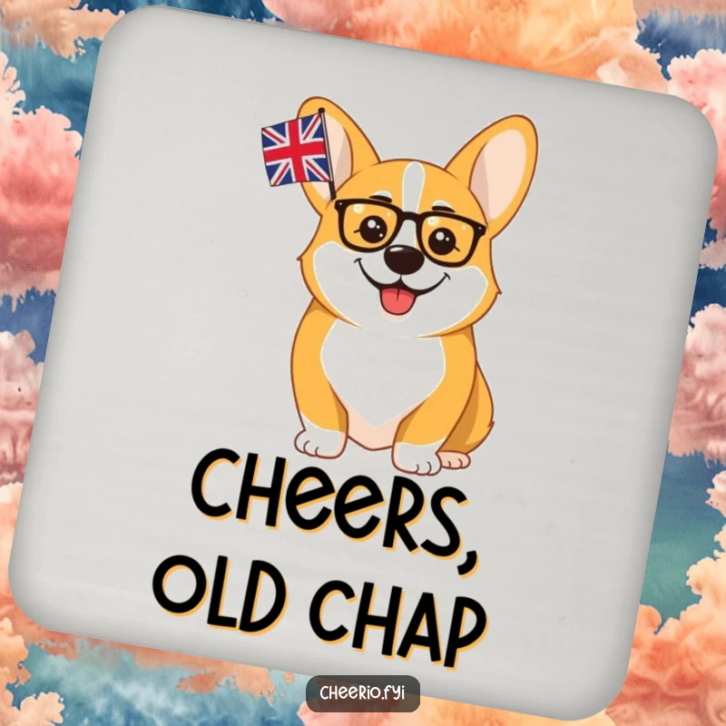Funny Corgi Monocle Union Jack Coaster: A cheerful corgi in a monocle waves the union flag, a witty addition to drinks.