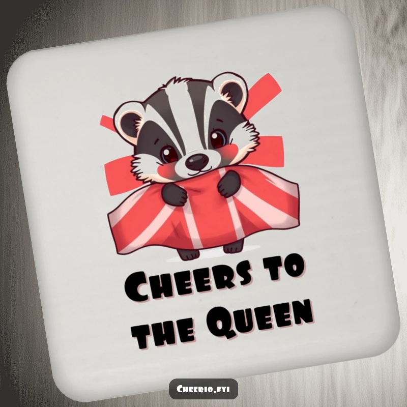 Funny drink coaster featuring a curious badger peeking from behind a Union Jack flag, protecting surfaces.