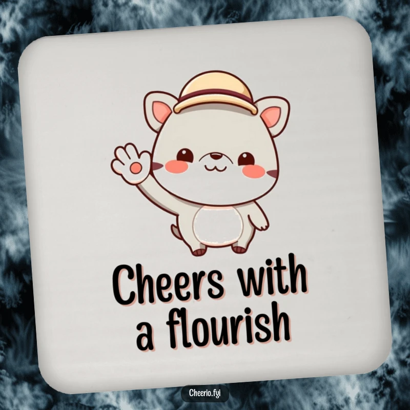 Funny coaster with a cheerful animal character wearing a small bowler hat and giving a jaunty wave. Protects tables with charm.