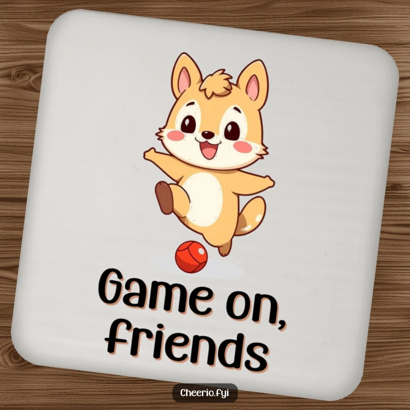 Funny drink coaster illustrating a grinning animal character kicking a small red ball, adding playful charm to tables.