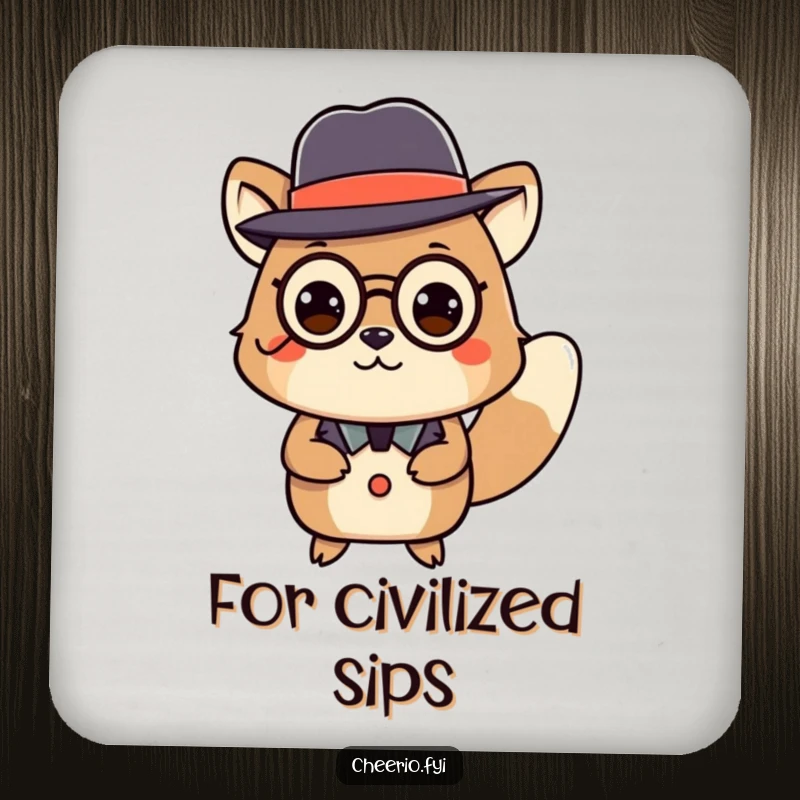 Funny drink coaster featuring an animal in a bowler hat and monocle performing a distinguished curtsey, protecting surfaces with style.