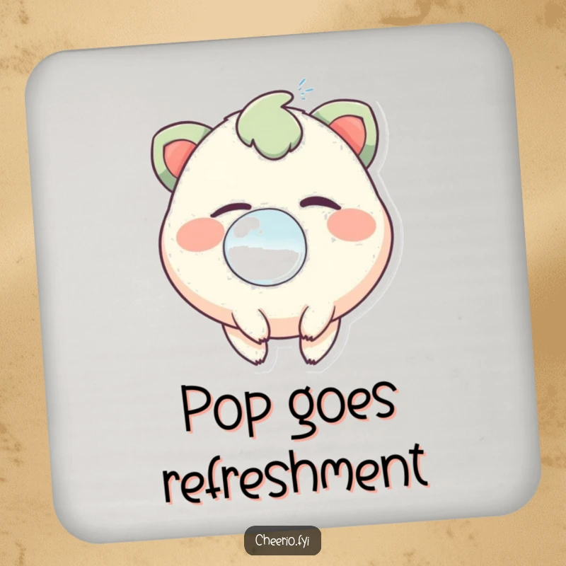 Funny drink coaster featuring a creature with a playful twinkle, blowing a large, iridescent, cheerful bubble.