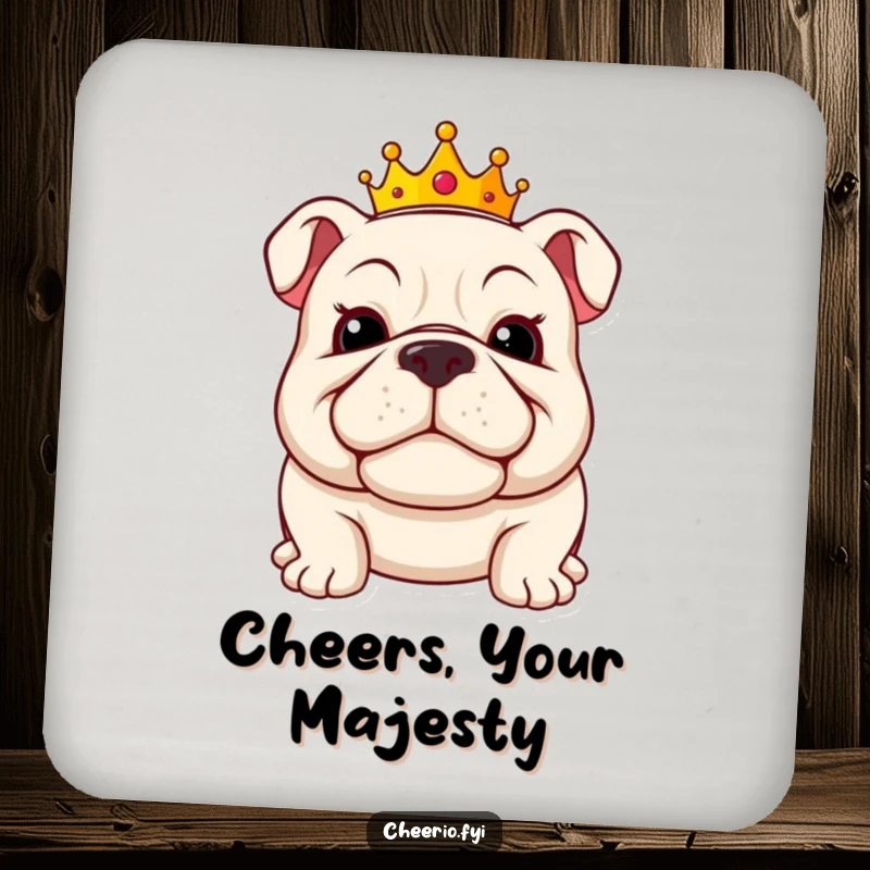 Funny bulldog coaster featuring a jolly bulldog wearing a small crown and a proud grin, protecting surfaces with style.