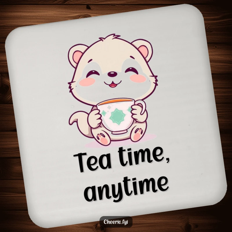 Funny drink coaster with a cute animal character holding a miniature teacup, smiling warmly.