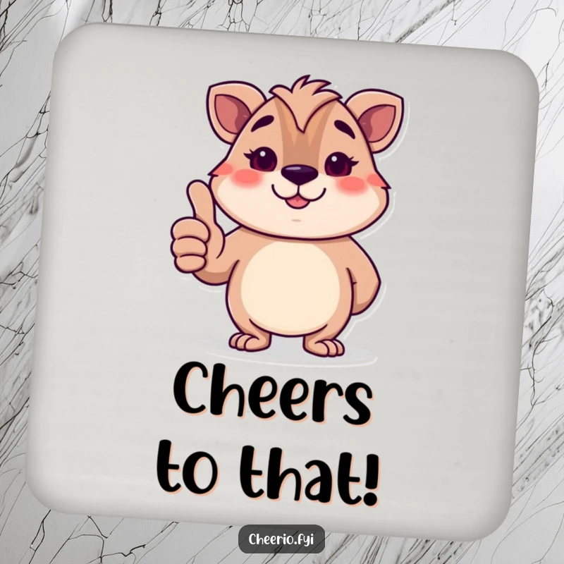 Funny British animal character giving a polite thumbs-up with a smile, a humorous drink coaster for table protection.