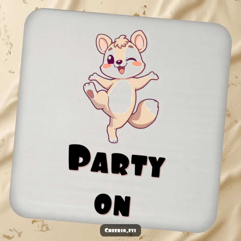 Funny Energetic Fox Coaster: An energetic fox character playfully kicking its leg up, protecting surfaces with humor, a funny gift.