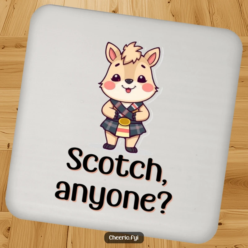Funny British animal wearing a small kilt, looking cheerful, on a humorous drink coaster, adding Scottish flair.