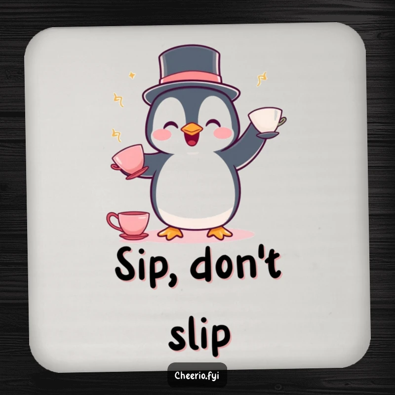 Funny Penguin Juggling Coaster: A delighted penguin in a bowler hat juggles teacups, a whimsical addition to drinks.