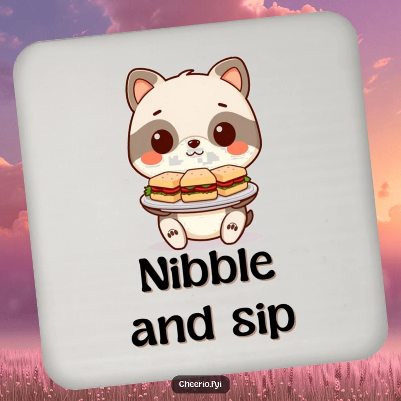 Funny Coaster: Decorative coaster with a stylized animal presenting a plate of miniature sandwiches.