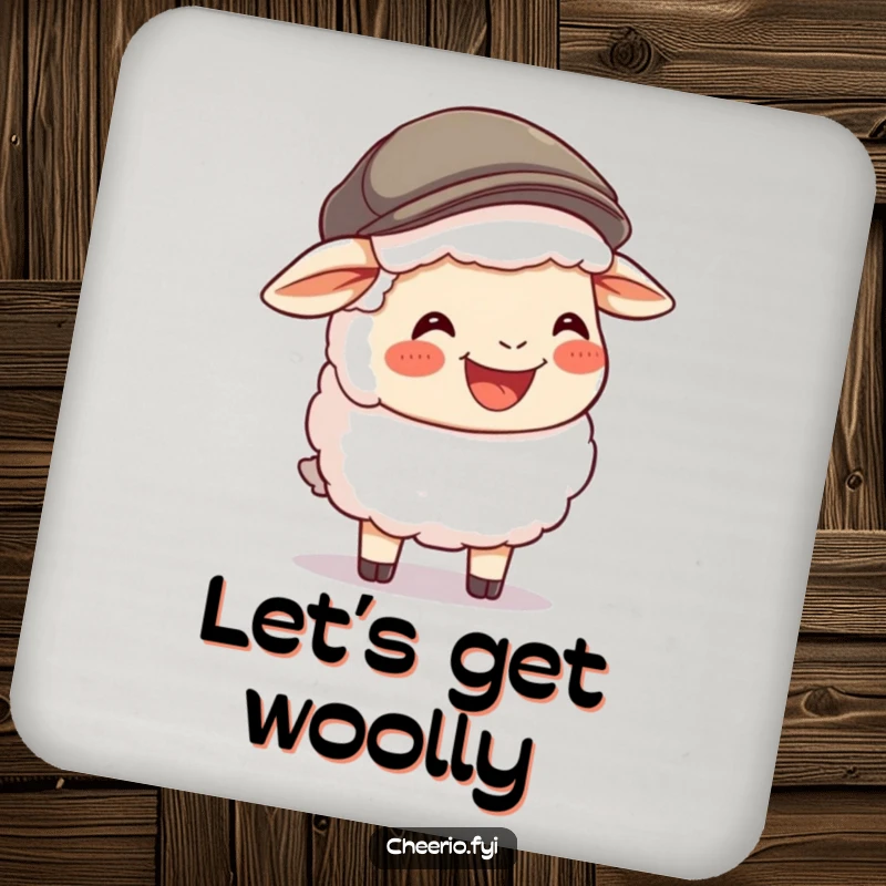 Funny Sheep Flat Cap Coaster: A happy sheep in a flat cap laughs heartily, a humorous addition to drinks.