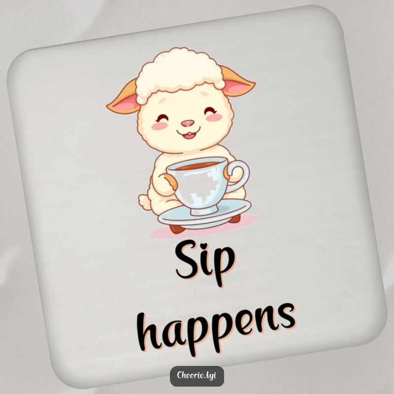 Funny happy sheep sips tea from a cup and saucer on a protective drink coaster, humorous and cute.