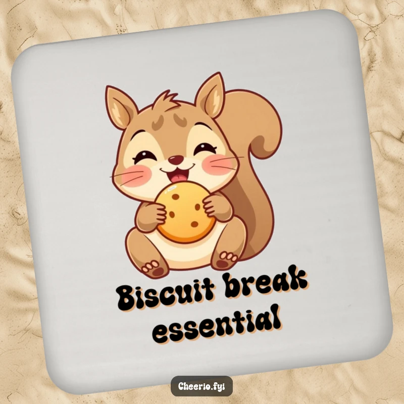 Funny delighted squirrel coaster holding a round biscuit, protecting surfaces with charming snack-time appeal.