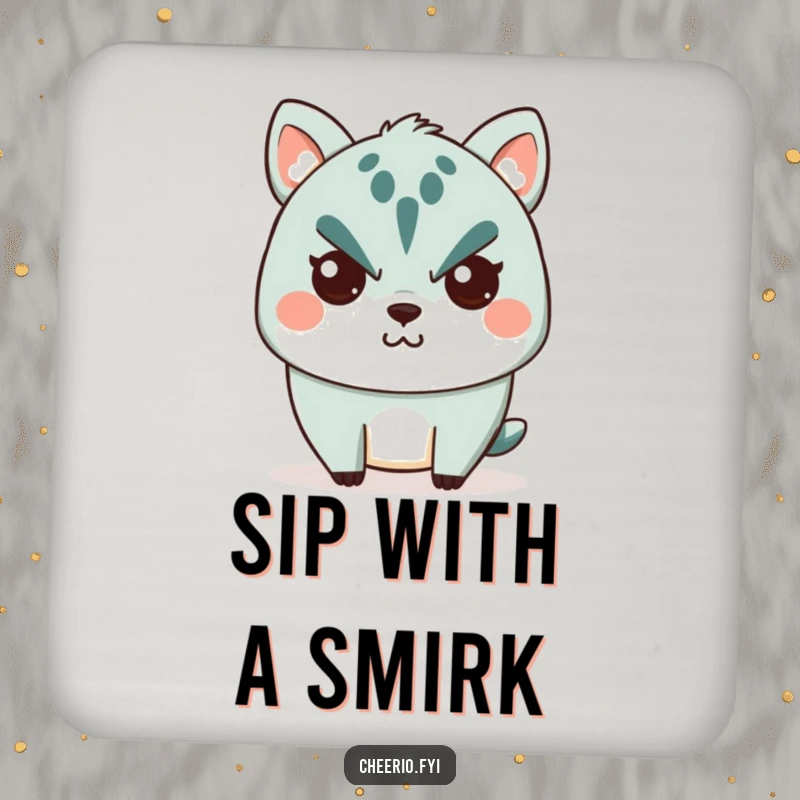 Funny Coaster: A cute animal character with a stern face showing a tiny, secret smile, offering functional humor.
