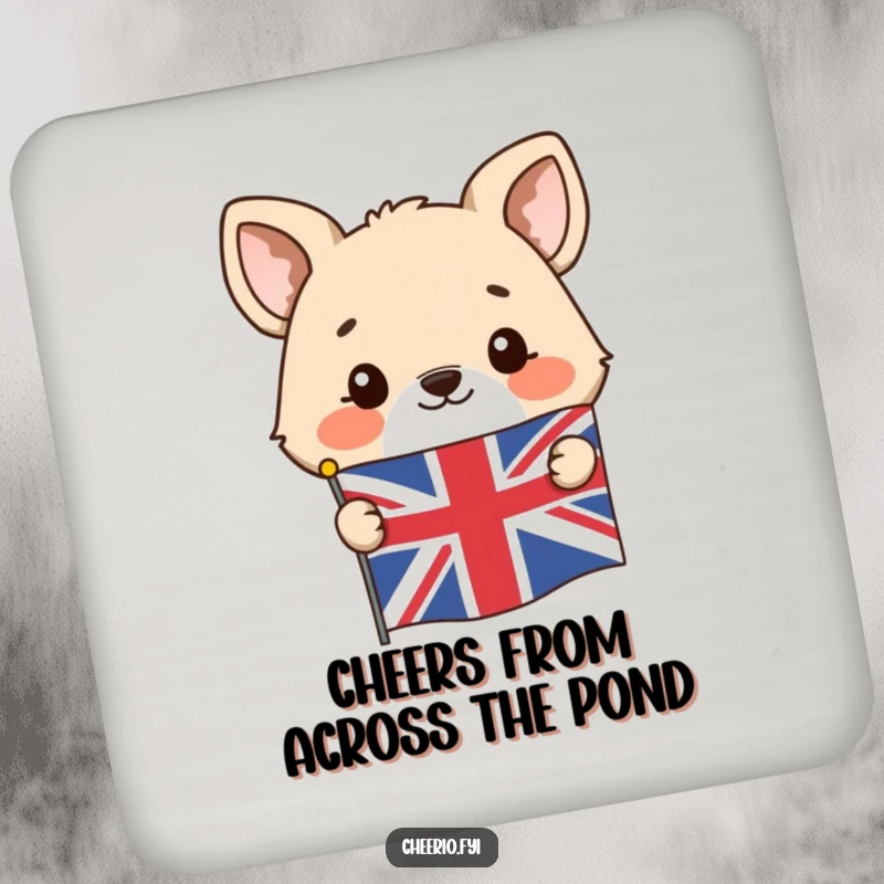 Funny drink coaster with a happy animal character peeking from behind a Union Jack flag, adding flair.
