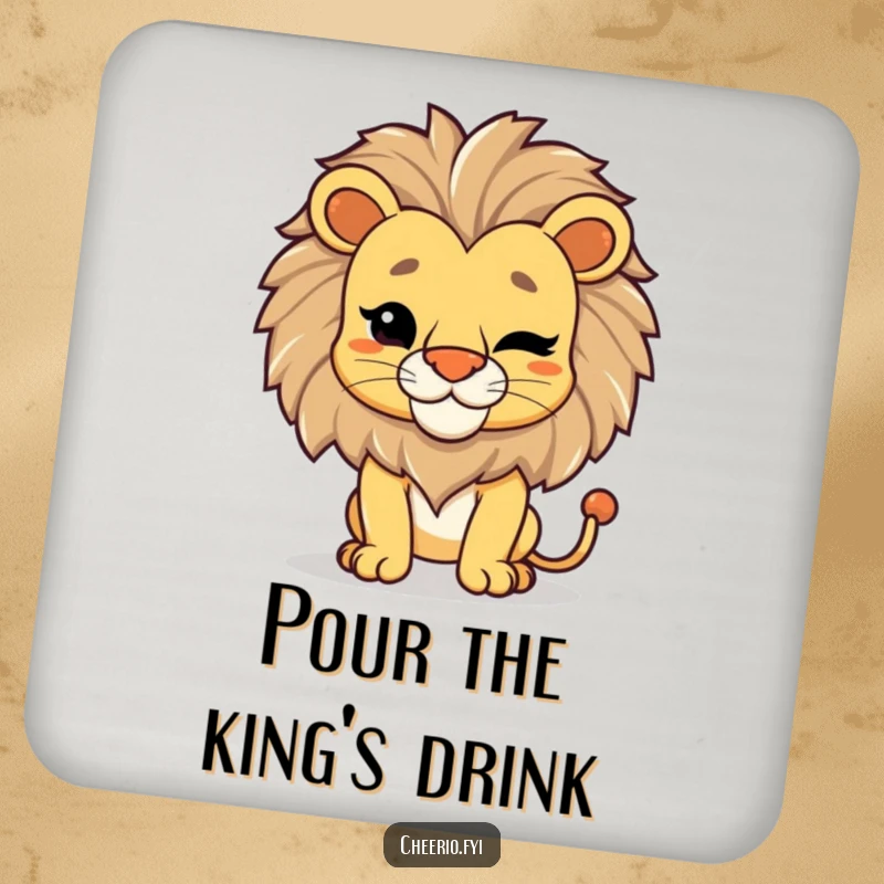 Funny Lion Wink Coaster: A proud lion in a regal pose winks, a sophisticated and humorous addition to drinks.