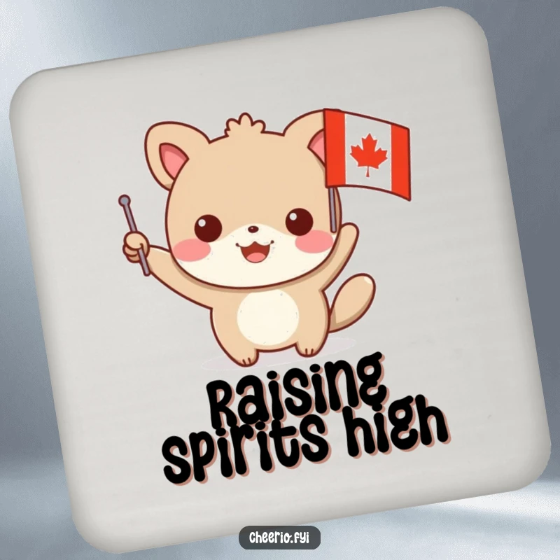 Funny drink coaster with a smiling animal character waving a small flag featuring a prominent red cross, adding charm to any surface.