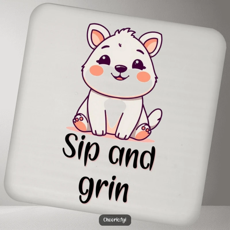 Cute animal with a friendly, welcoming grin, depicted on a humorous drink coaster.