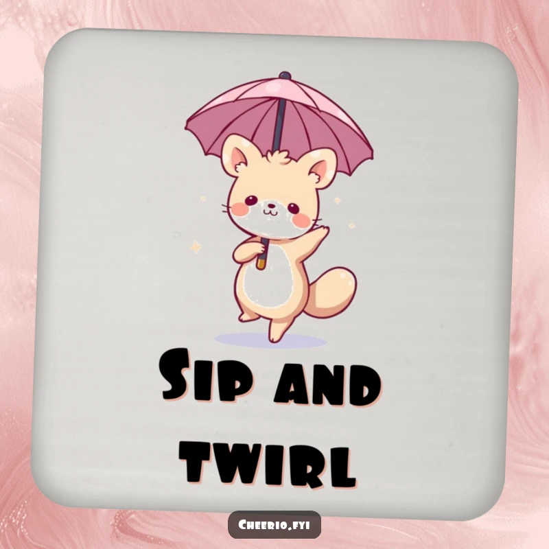 Funny coasters with a whimsical animal dancing with a miniature umbrella, protecting surfaces with playful charm and humor, perfect funny gift.