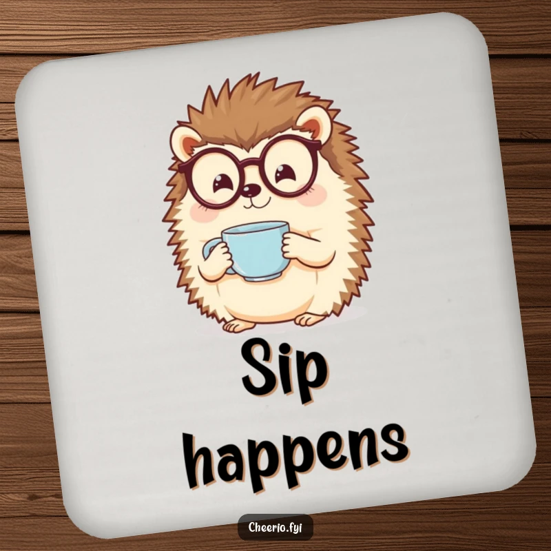 Funny Hedgehog Coaster: A cheerful hedgehog with spectacles holds a teacup, protecting your table.