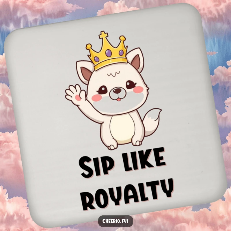 Funny drink coaster featuring an animal with a crown performing a regal wave, protecting surfaces with royal humor.