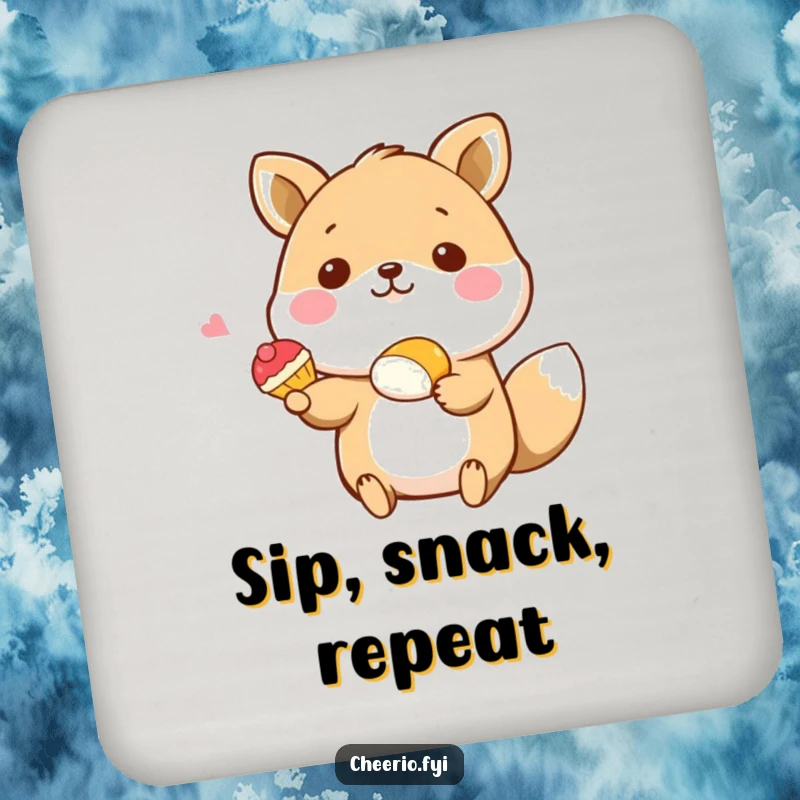 Funny coasters with a happy animal character offering a pastry, protecting surfaces with sweet humor and charm, perfect funny gift.