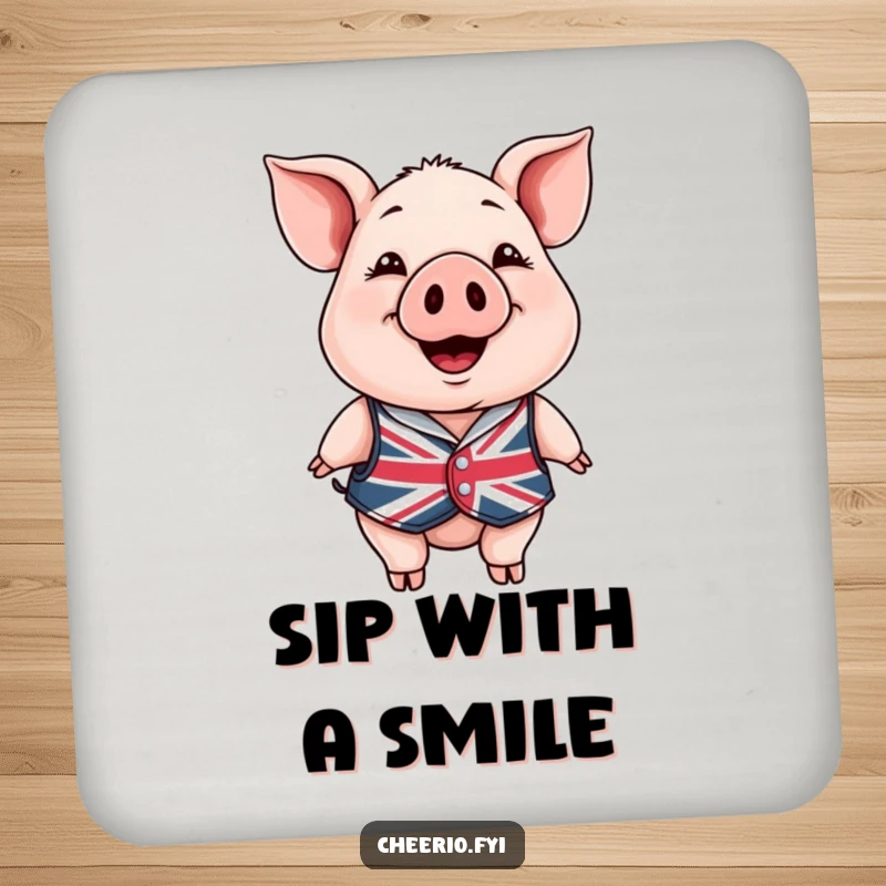 Funny Drink Coaster: A happy pig in a Union Jack waistcoat smiling, a cheerful and humorous way to protect surfaces.