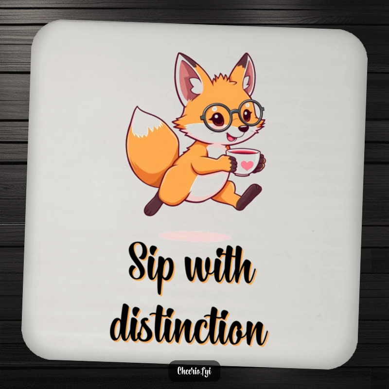 Funny drink coasters with a leaping fox wearing a monocle and holding a tiny teacup, offering humorous sophisticated table protection.