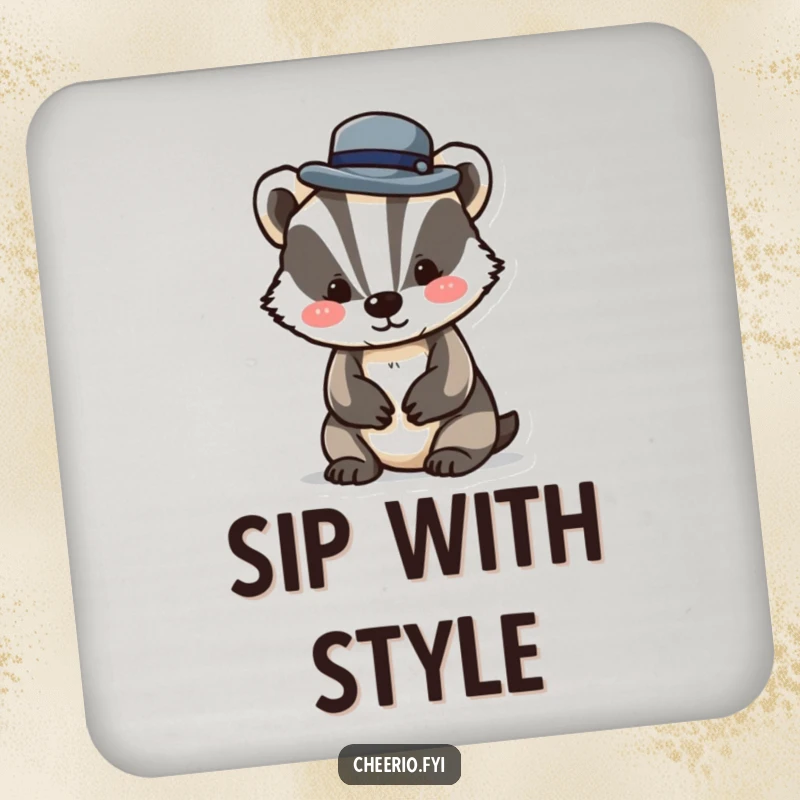 Funny drink coaster with a dapper badger character tipping a miniature bowler hat, adding a touch of playful charm to surfaces.