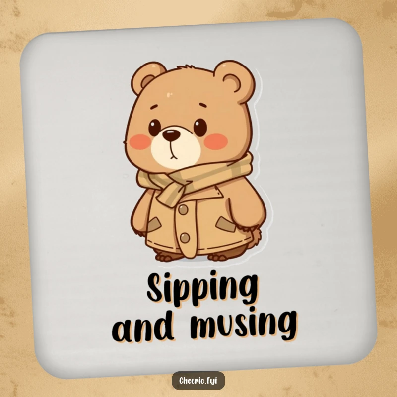 Funny Drink Coaster: A bear in tweed and scarf looking thoughtfully into the distance, a humorous way to protect surfaces.