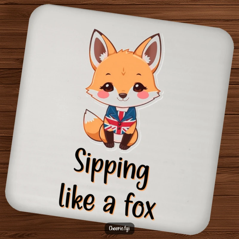 Funny fox coaster featuring a smiling fox character wearing a small Union Jack waistcoat, protecting surfaces.