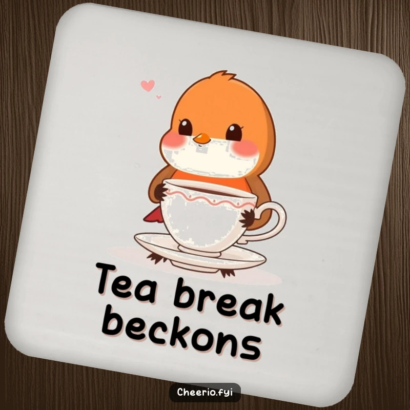 Funny playful robin with very proper posture offering a teacup, a protective drink coaster.