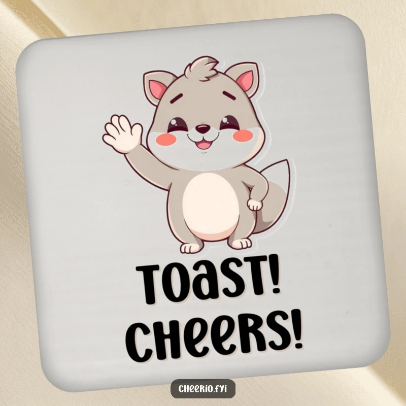 Funny drink coaster featuring a smirking animal character giving a jaunty wave, designed to protect surfaces with a touch of humor.