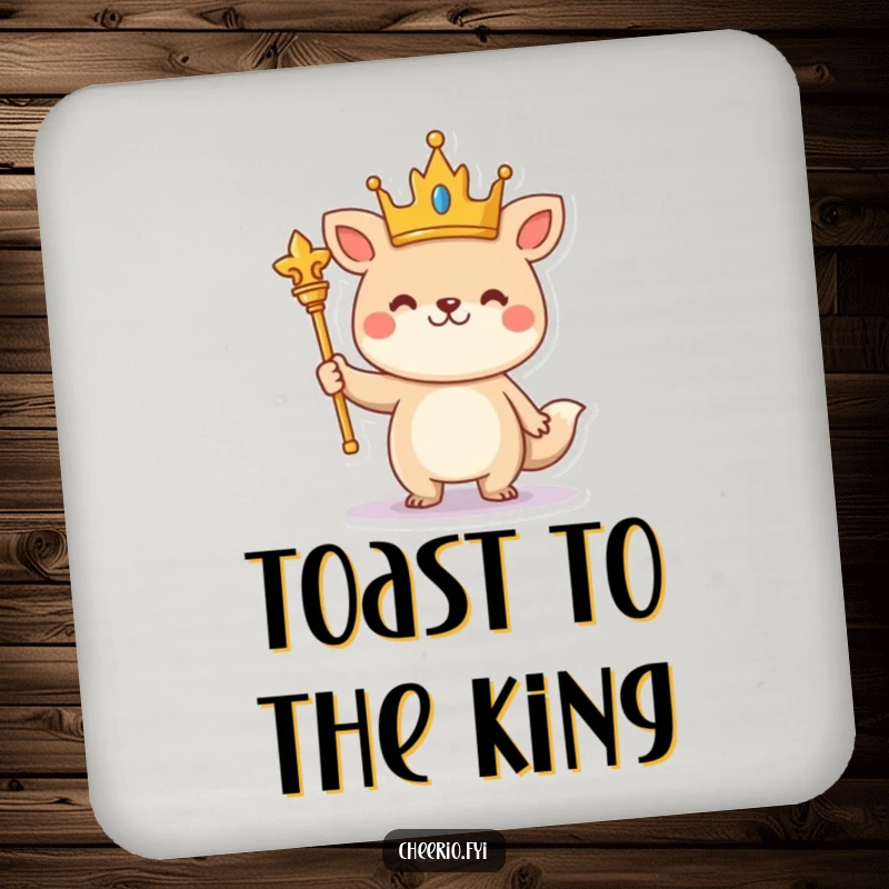 Funny cheerful animal wearing a crown and holding a scepter stands proudly on a protective drink coaster.