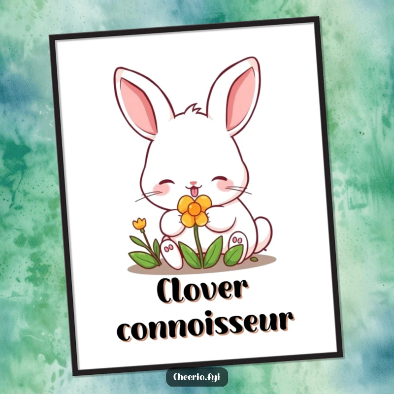 Funny content rabbit with perked ears nibbling a stylized clover on a charming poster. A lucky funny gift.