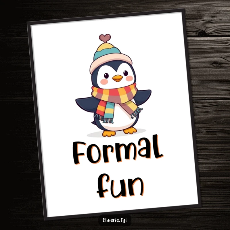 Funny Penguin Poster: A penguin in a top hat waves a colorful scarf, bringing a stylish and humorous vibe to any room. Excellent funny gift.