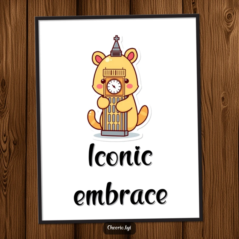 Funny cartoon animal embracing a stylized Big Ben icon, presented as humorous London poster art.