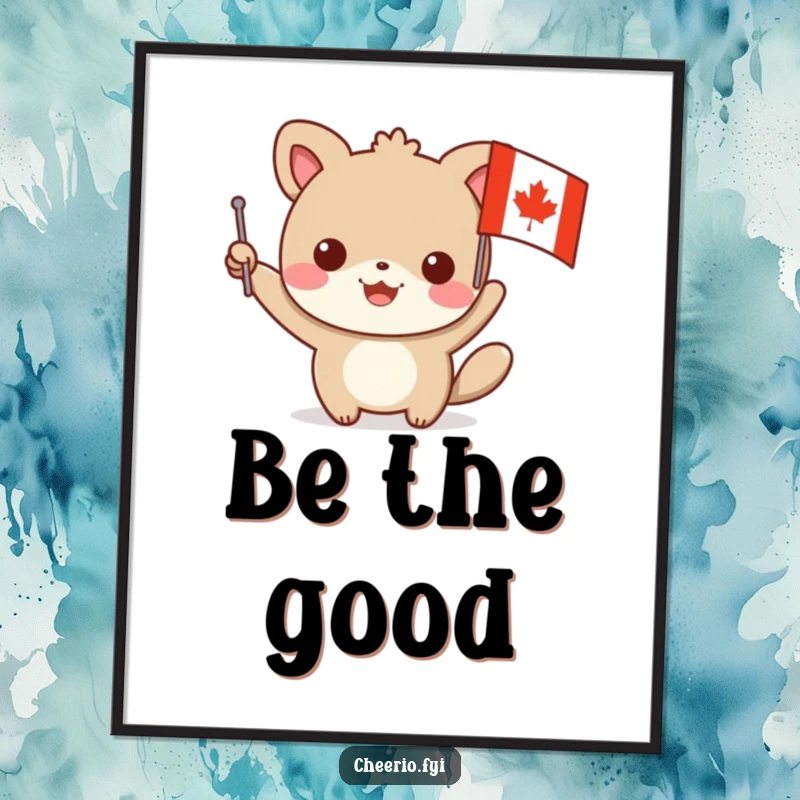 Funny poster art of a happy animal character waving a small flag with a bold red cross, symbolizing assistance and cheerful optimism.