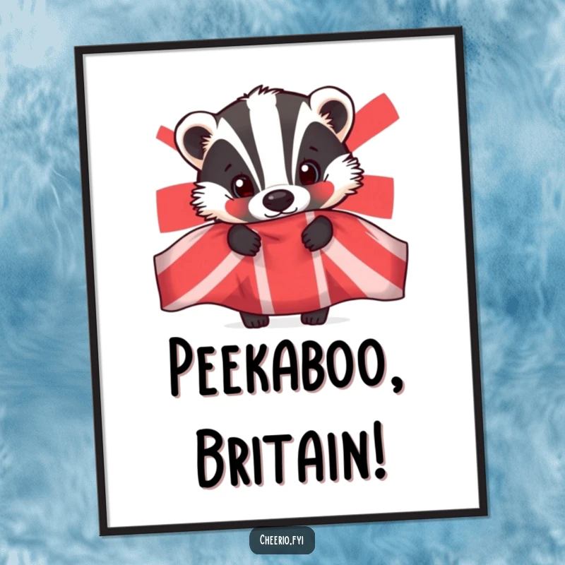Funny poster featuring a curious badger peeking from behind a large Union Jack flag, symbolizing British spirit.