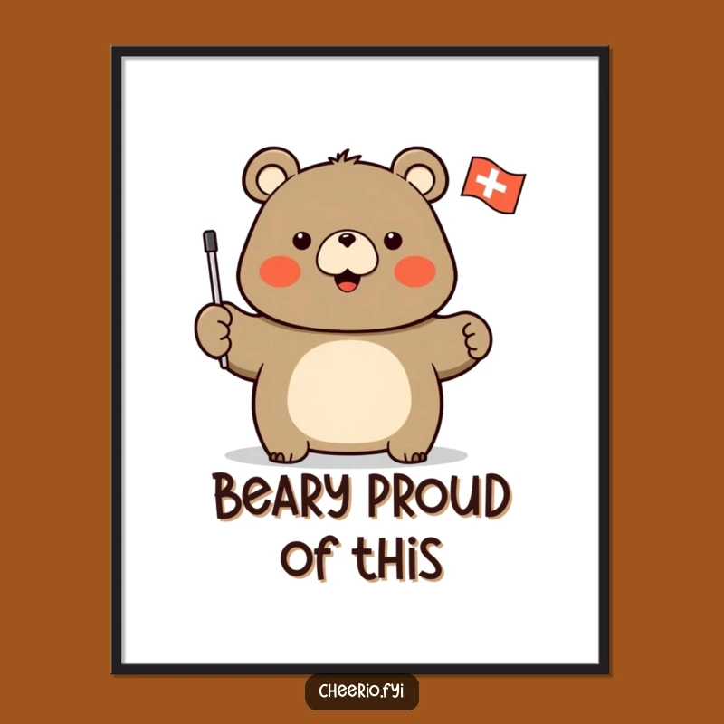 Funny Bear Flag Poster: Stout Bear Waving Cross Flag, Bold Wall Decor & Funny Gift