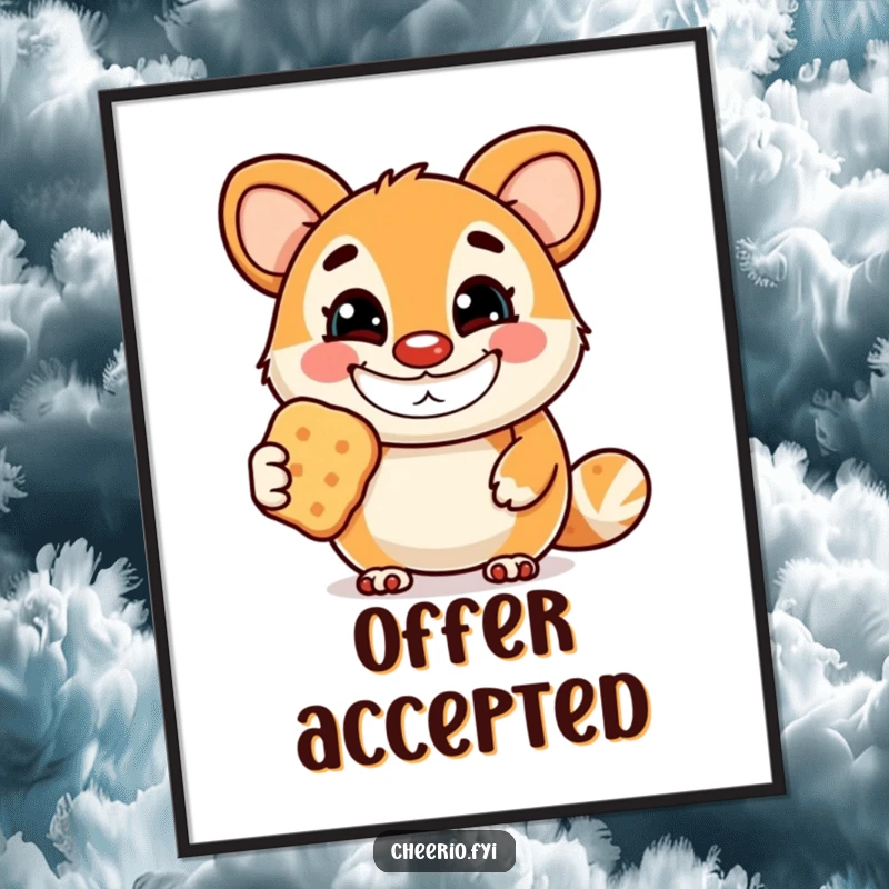 Funny poster of a cheerful animal mascot with a wide grin, holding out a biscuit, perfect for adding warmth and humor.