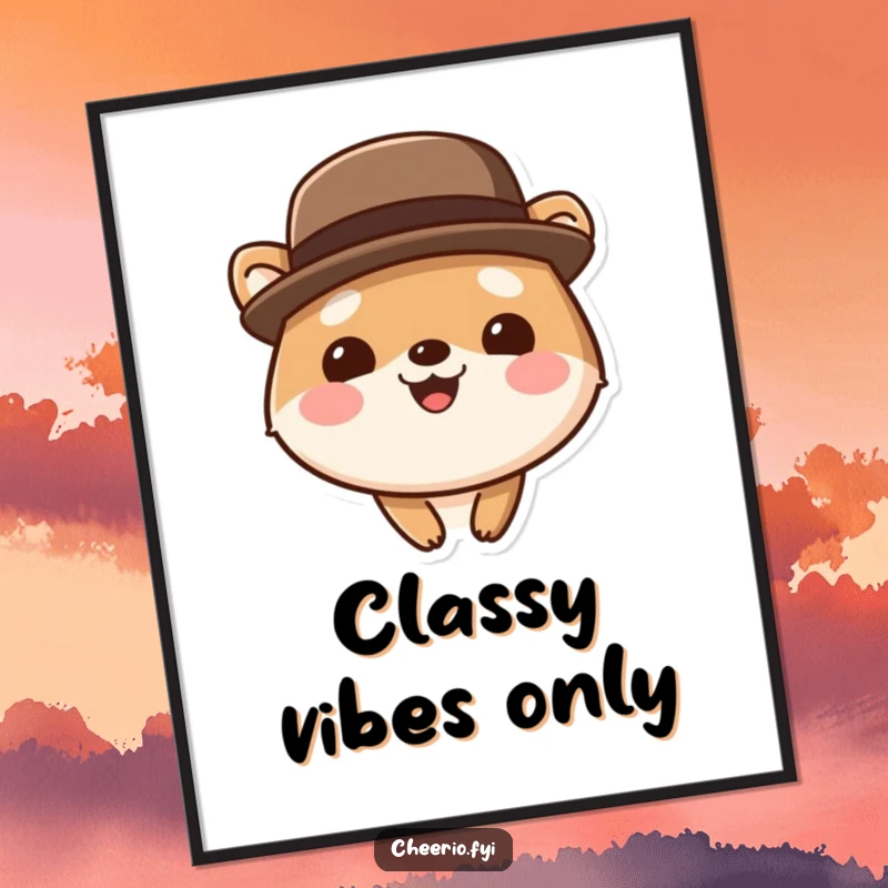 Funny cute animal poster wearing a bowler hat, smiling broadly with a charming and dapper appearance.