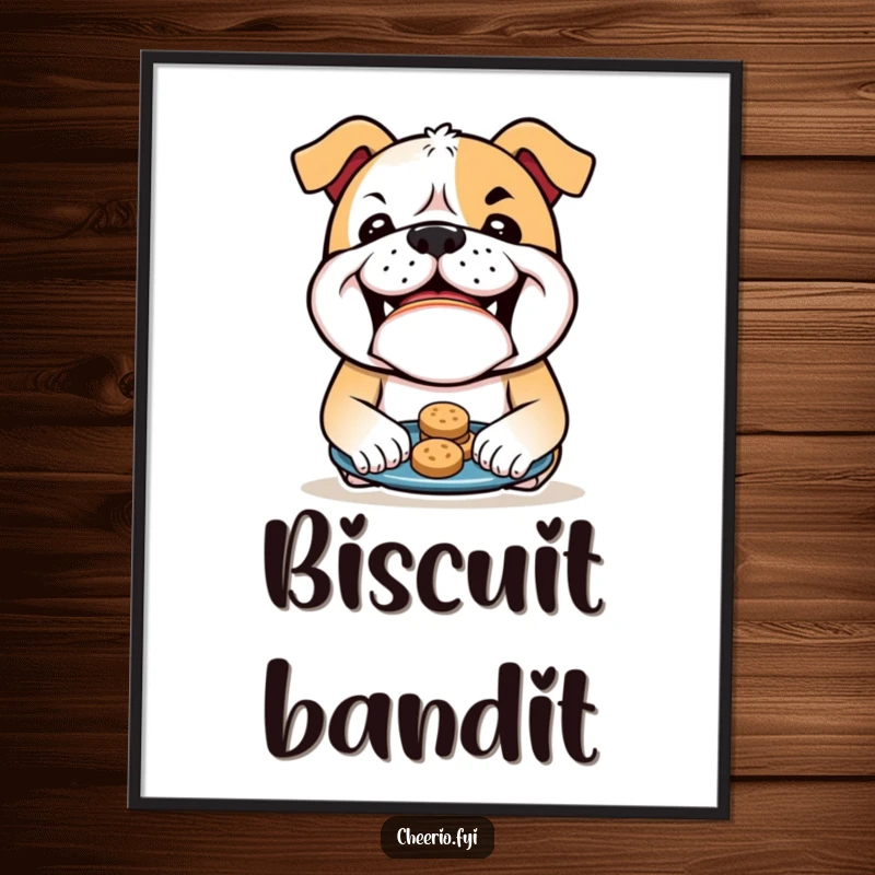 Funny Bulldog Poster: A bulldog with a mischievous grin offers biscuits, bringing a playful and humorous vibe to any room. Excellent funny gift.