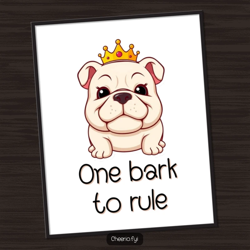 Funny bulldog poster featuring a jolly bulldog wearing a mini crown, sporting a proud grin, exuding royal charm.